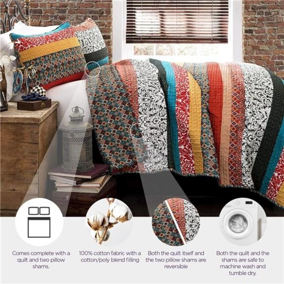 Lush Decor Boho Striped Reversible 7 Piece Comforter Bedding Set, King - Picture 2 of 6